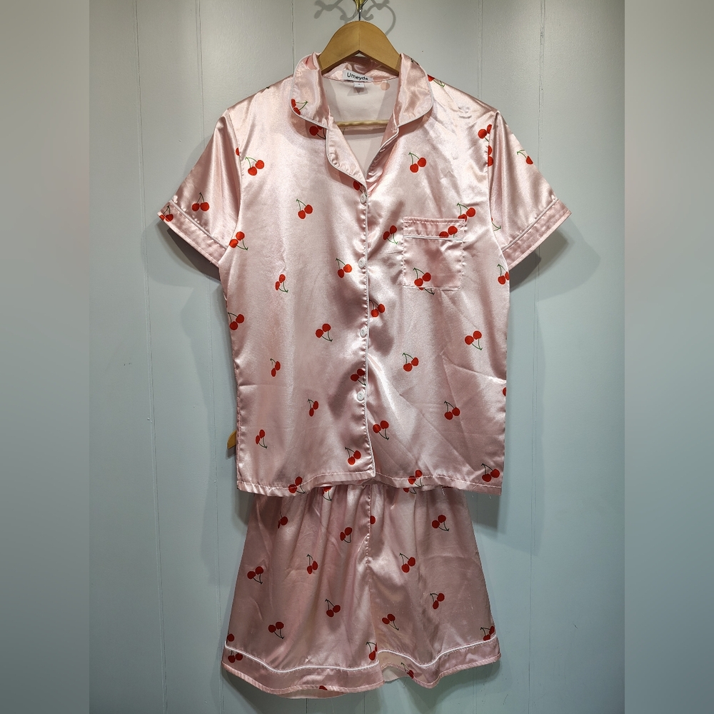 Valentine’s Cherry Pajama Set Pink Small Poly‎ Fabric Repurpose Craft Material